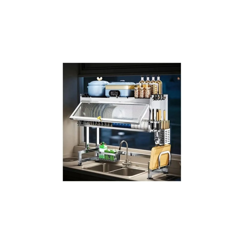 Escurridor organizador de Platos con tapa de Acero inoxidable y accesorios