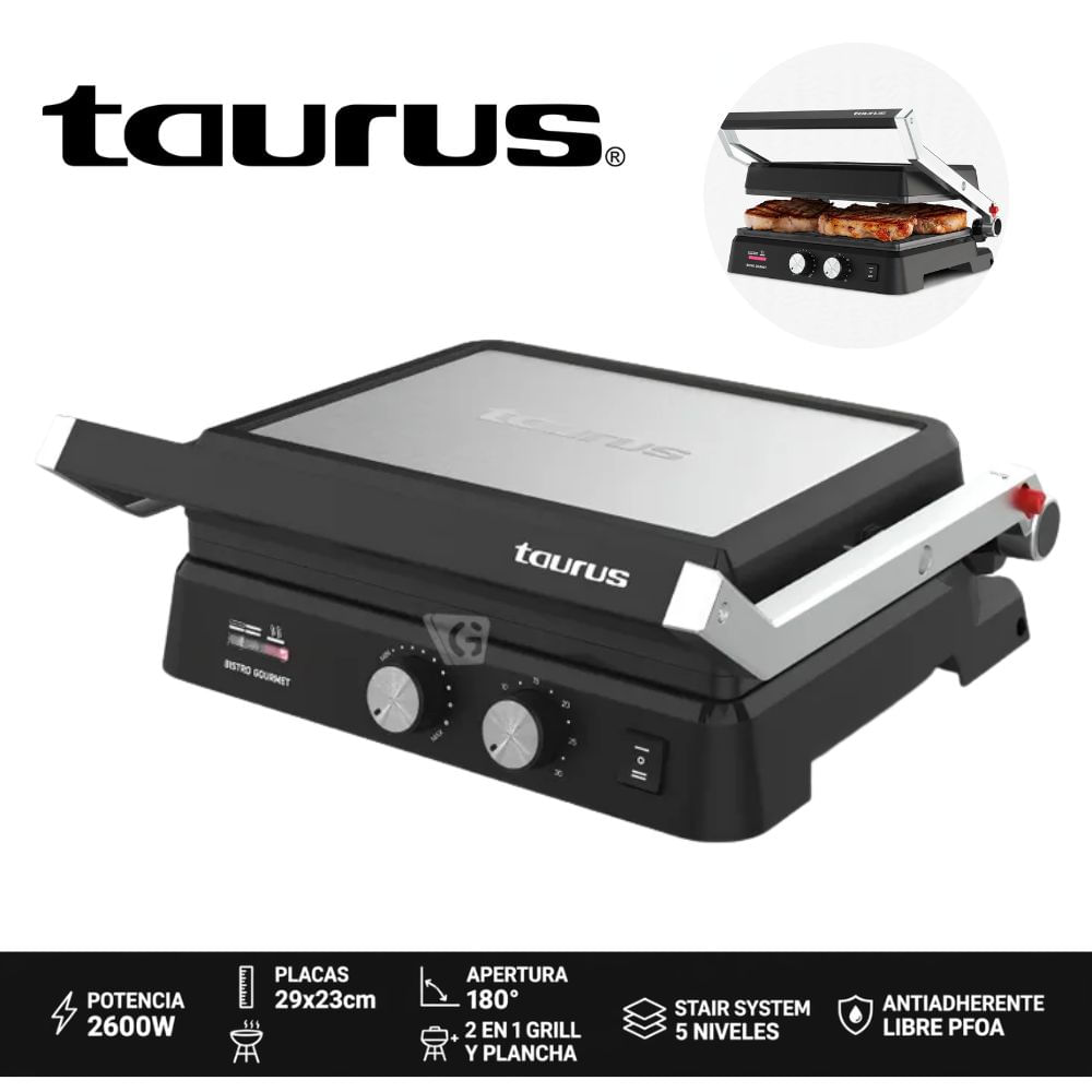 GRILL Y PLANCHA TAURUS 2600W COLOR NEGRO MOD BISTRO GOURMET
