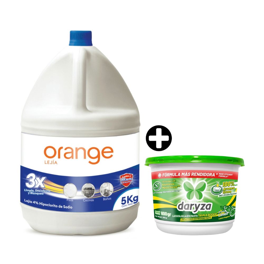 COMBO: Lejía Orange Tradicional 5 Kg + Lavavajilla en Pasta Daryza Limón 800gr