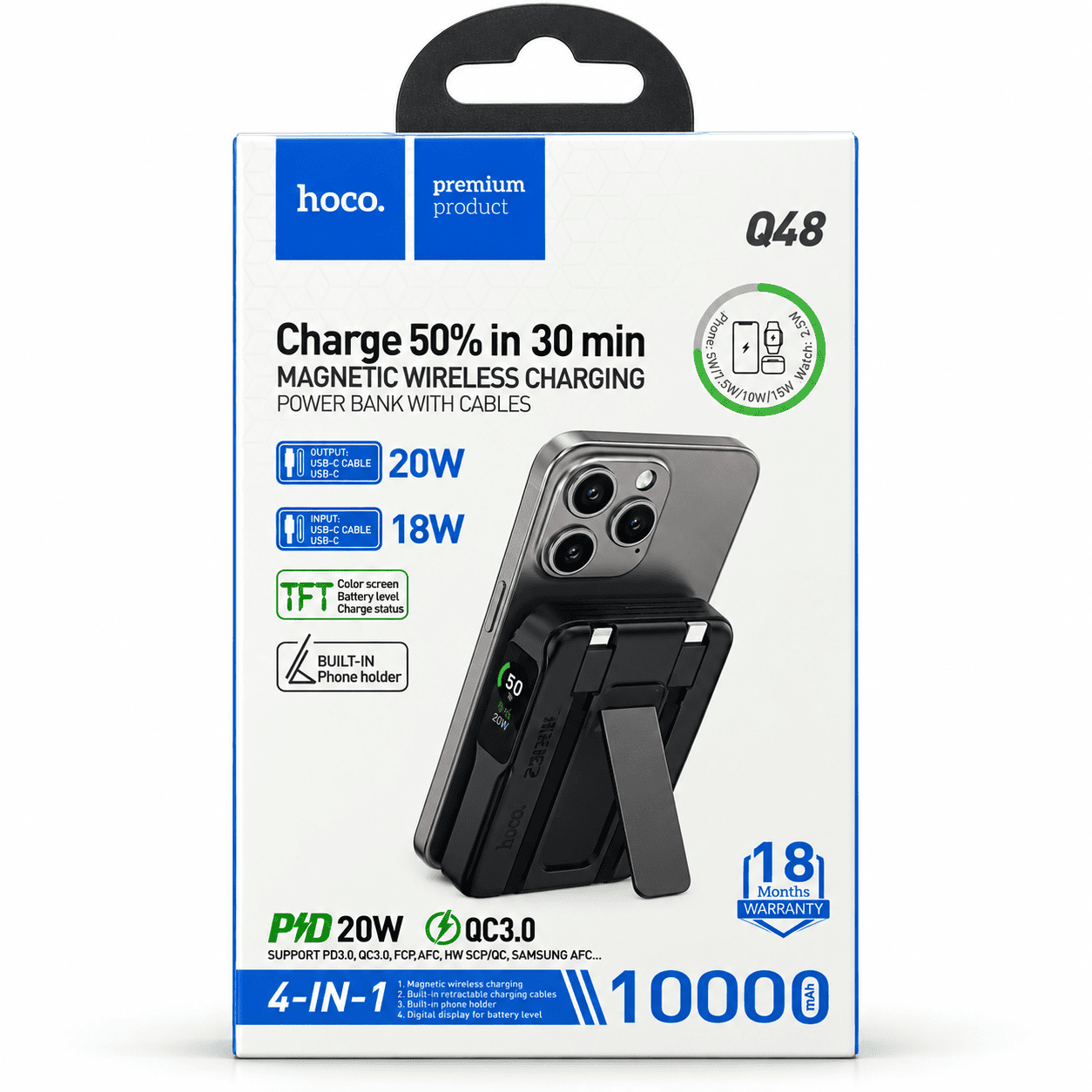 Power Bank Cargador Inalámbrico Magnético Hoco Q48 10000 mAh con Cables Integrados