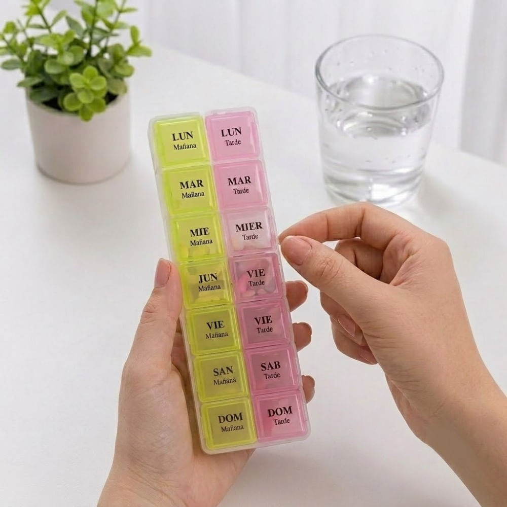 Pastillero Semanal Portátil de 2 turnos 14 compartimientos