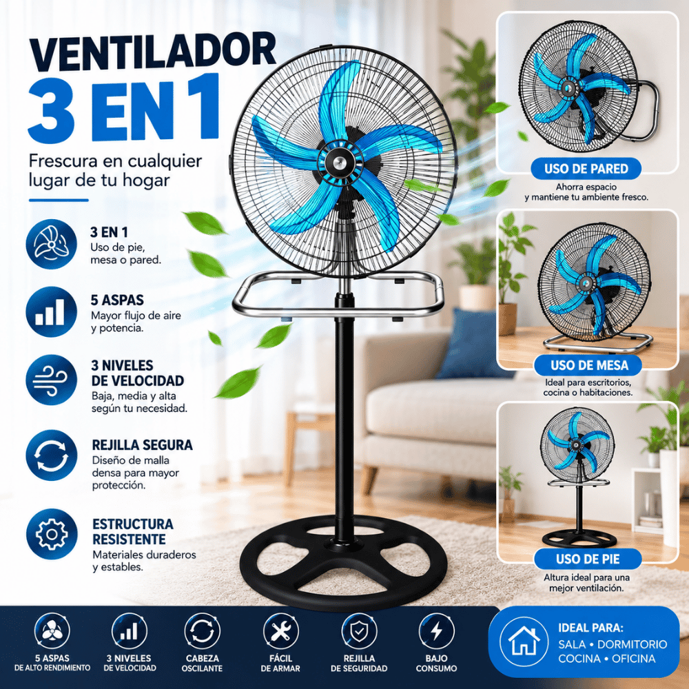 Ventilador 3 en 1 Pie Pared Mesa 18