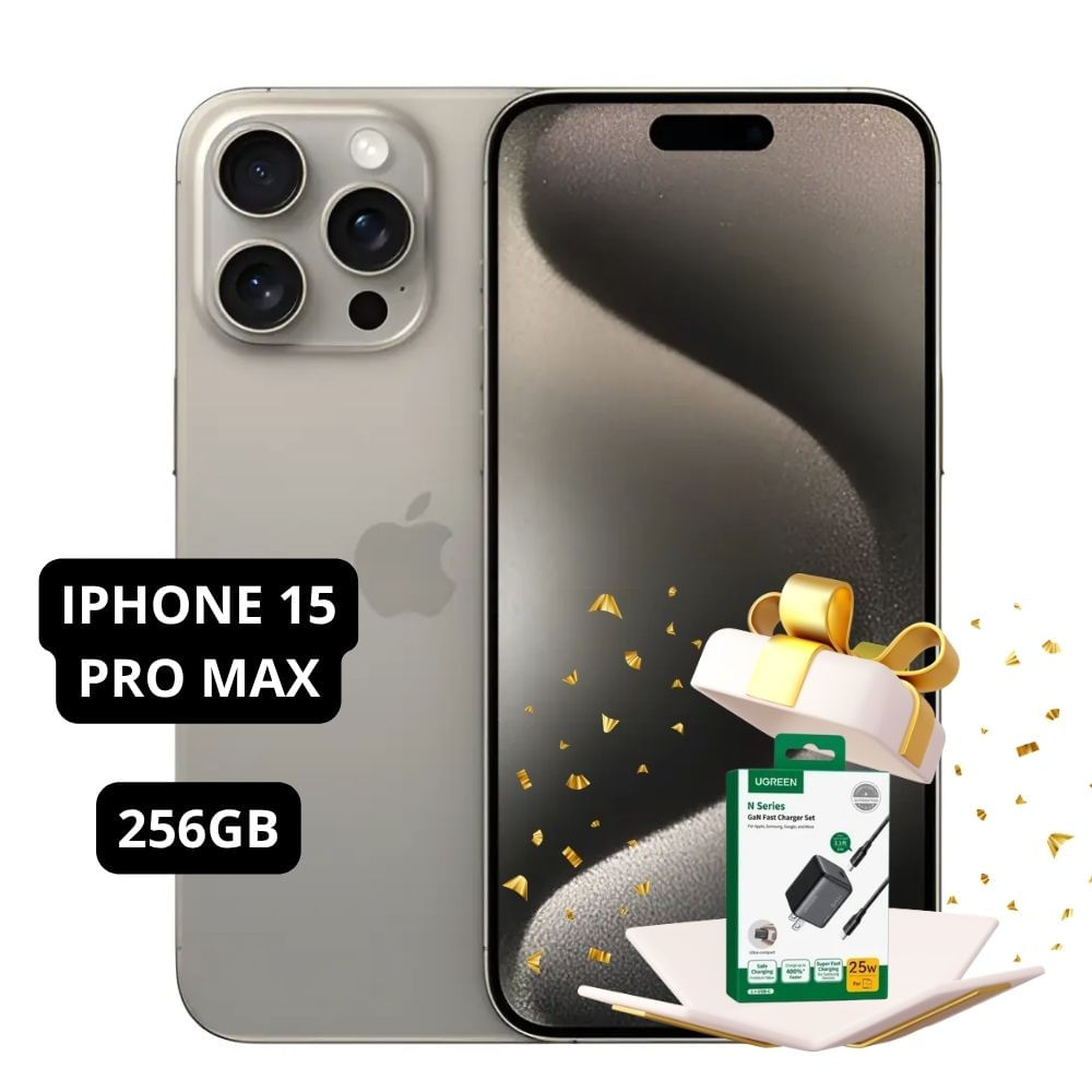 iPhone 15 Pro Max 256GB Semi Nuevo Natural Titanium - Incluye Cargador Ugreen
