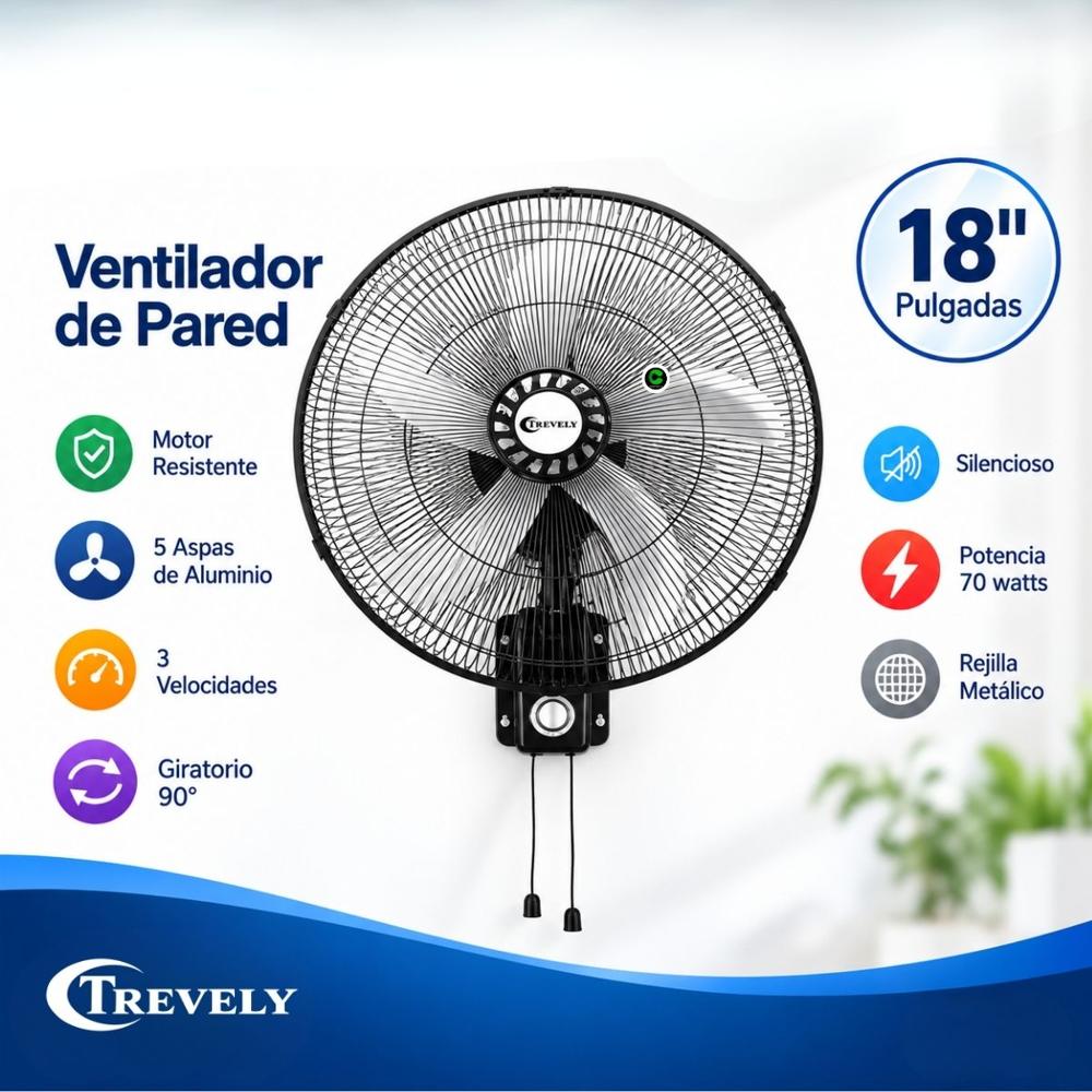 Ventilador de Pared Trevely 70 W 3 Velocidades VT-1804