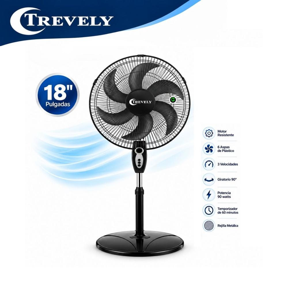 Ventilador de Pedestal Trevely 18 Pulgadas con Temporizador 90W VT-1880 Negro