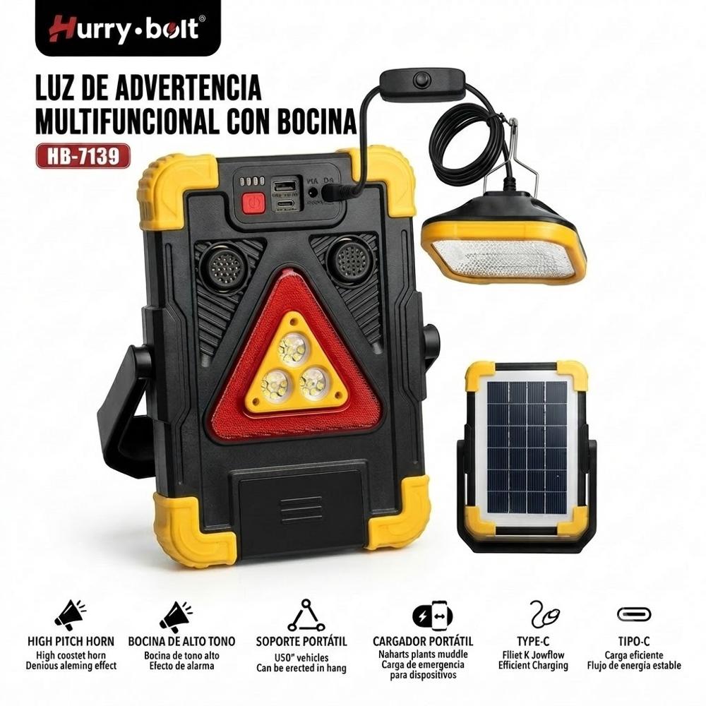 Luz De Emergencia Para Auto Con Foco Movible Carga Solar Sirena De Emergencia y Power Bank HB-139
