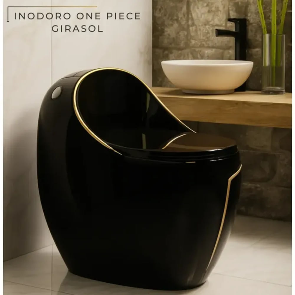 INODORO ONE PIECE GIRASOL OVALADO NEGRO Y LINEA DORADA