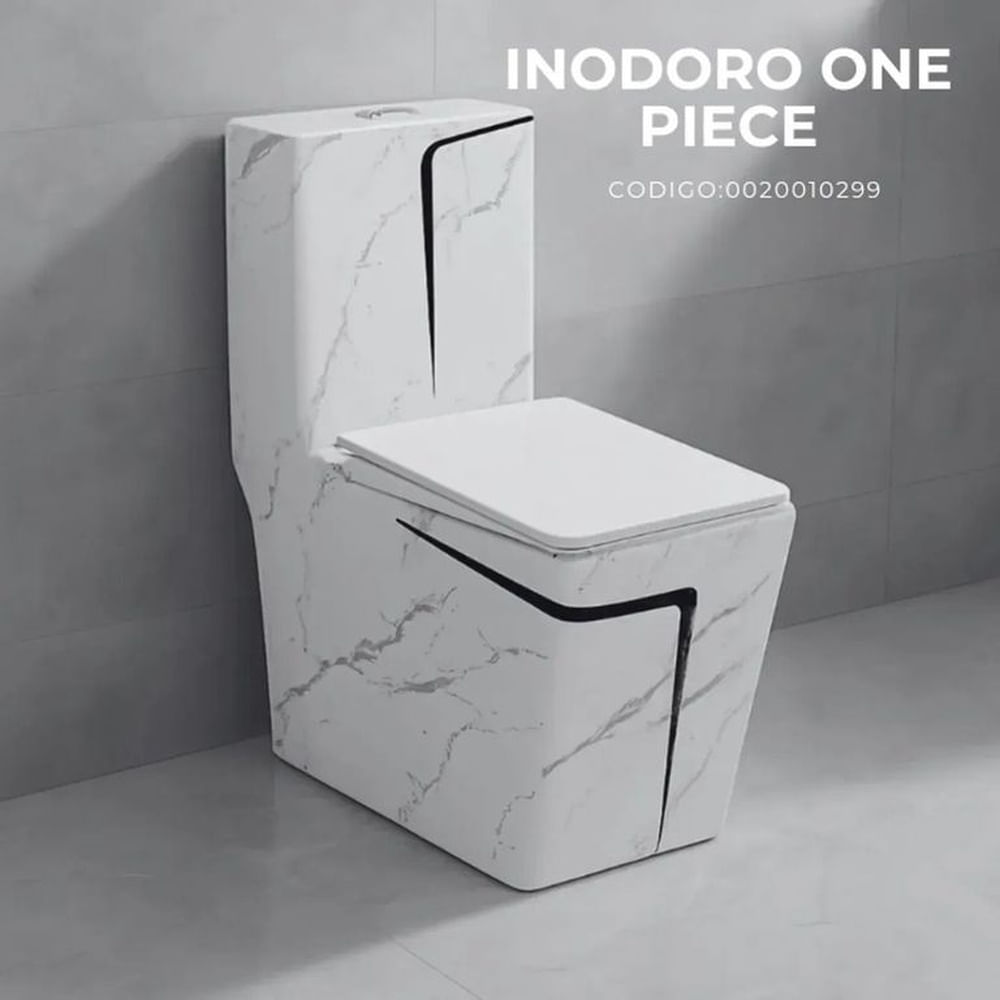 Inodoro One Piece Minimalista Marmoleado Blanco con Negro Cuadrado 2328MBL