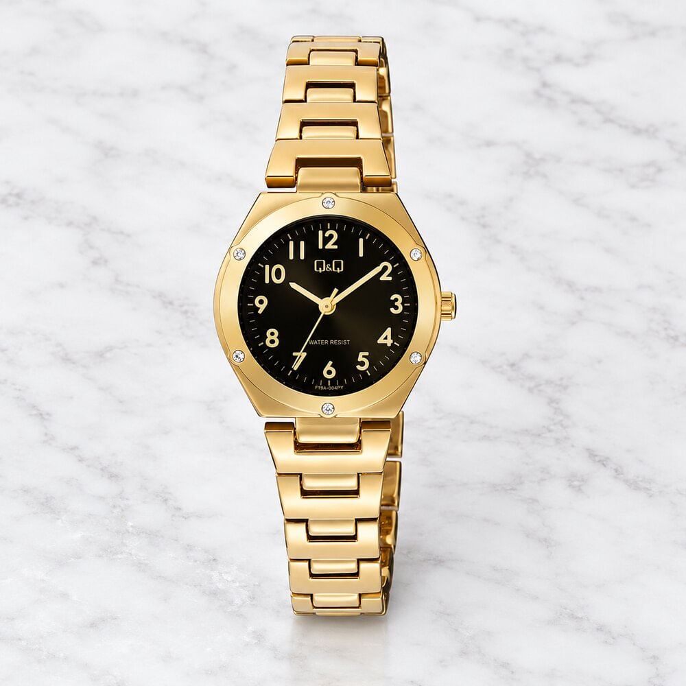 Reloj QyQ F19A-004PY Mujer Dorado Acero Inoxidable Esfera Negra 28mm Acuático 3Bar