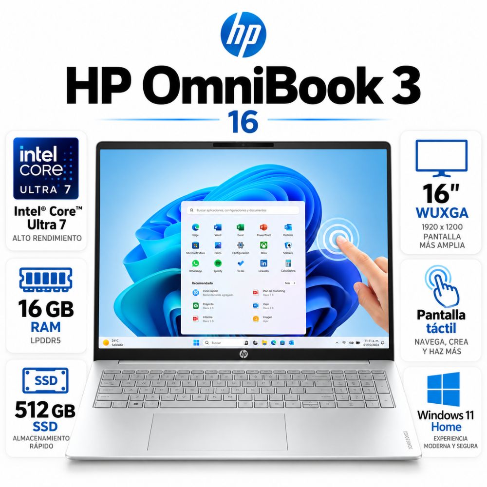 Laptop HP OmniBook 3 16 Pantalla Touch Core Ultra 7 16GB RAM 512GB SSD