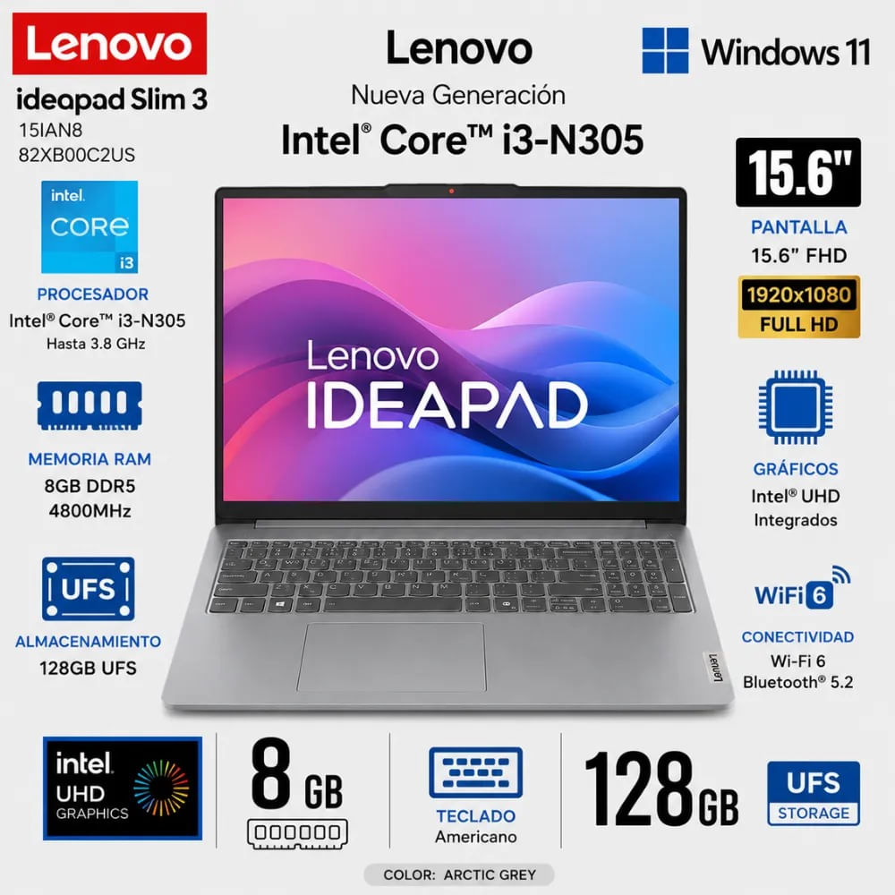 Laptop Lenovo IdeaPad Slim 3 15IAN8 15.6 FHD Intel Core i3-N305 8GB 128GB - 82XB00C2US