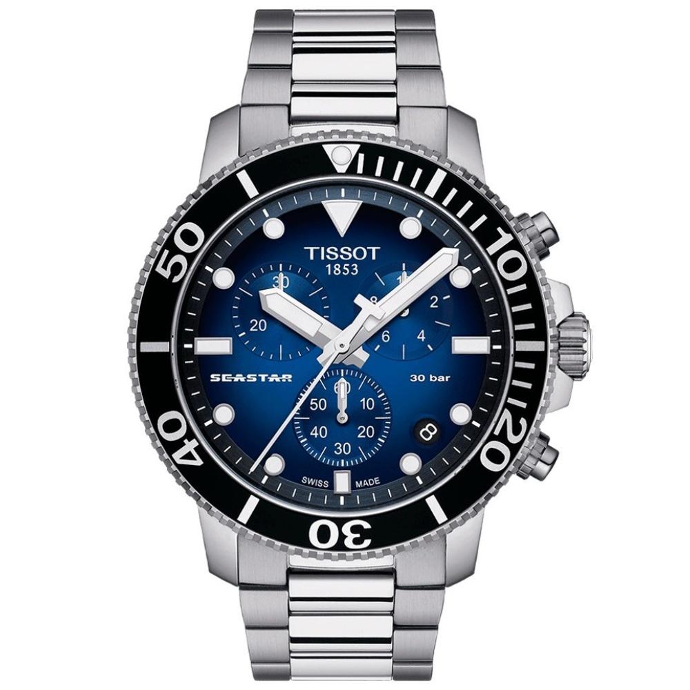 Reloj para Hombre Seastar 1000 Quartz Chronograph Plata y Azul T120.417.11.041.01