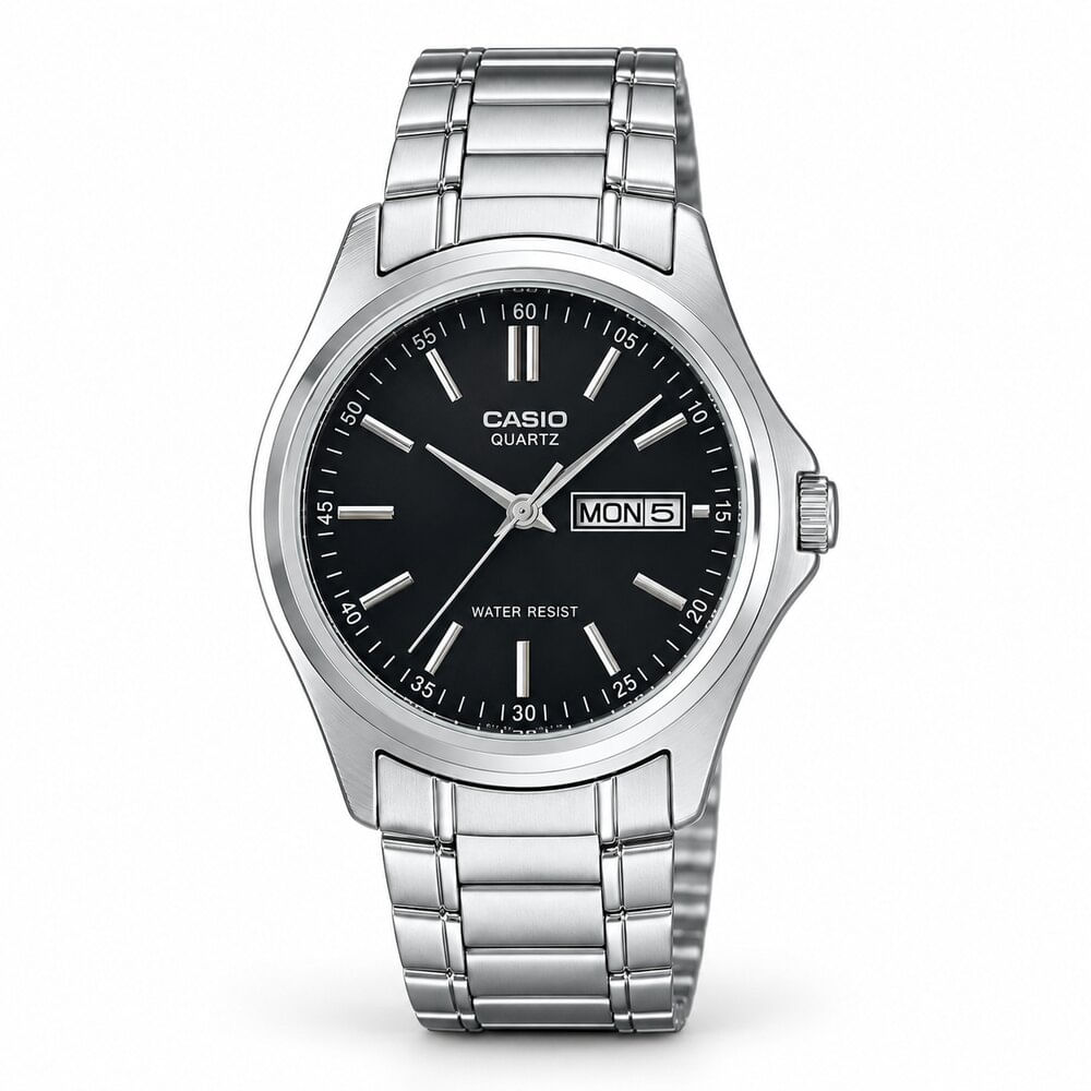 Reloj Casio MTP-1239D-1A Hombre Plateado Esfera Negra Analógico Día y Fecha