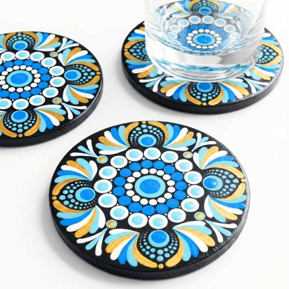 Juego de posavasos de madera Reya Mandala Turquesa y Dorado 6 uni.