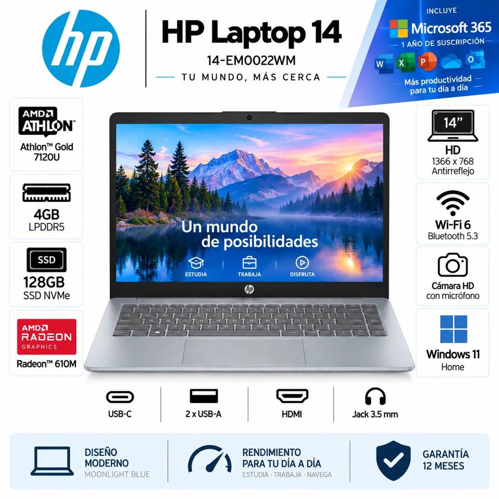 Laptop HP 14-EM0002WM AMD Athlon  Gold 7120U 4GB LPDDR5 128GB SSD 14 HD Windows 11 Home