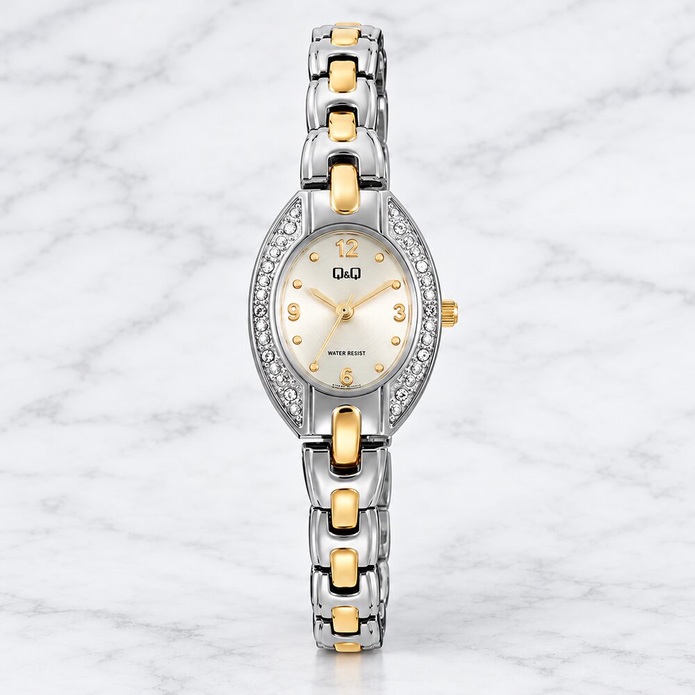 Reloj QyQ F15A-003PY Mujer Bicolor Plateado Dorado Metálico 22mm 3 BAR