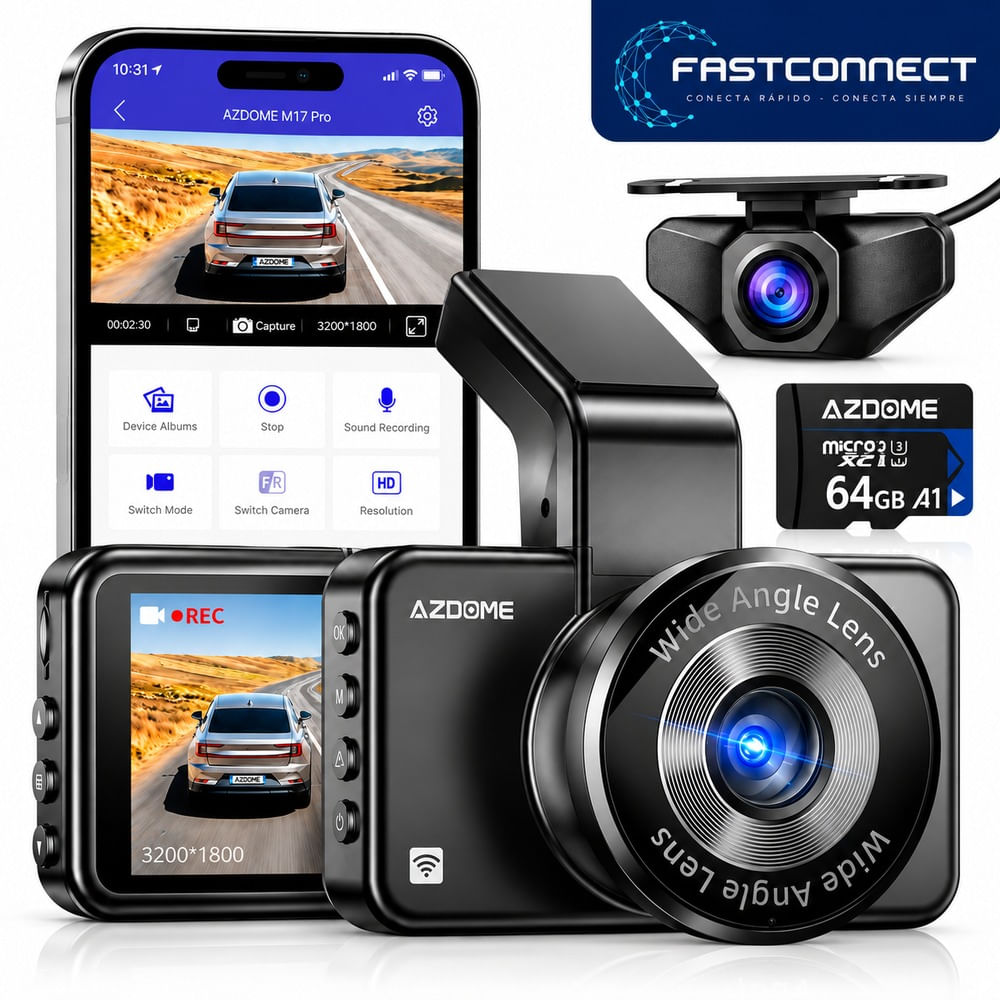 CAMARA PARA AUTOS DASHCAM AZDOME M17 PRO 3K Frontal y Trasera WiFi MICRO SD 64GB
