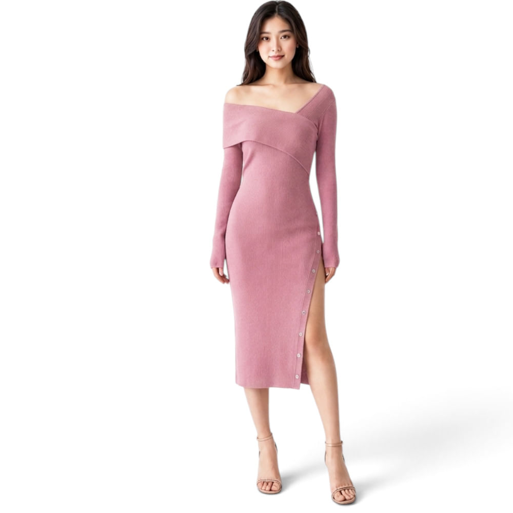 Vestido Asimetrico Manga Larga Broches Rib Grueso Col-26 Color Palo ...