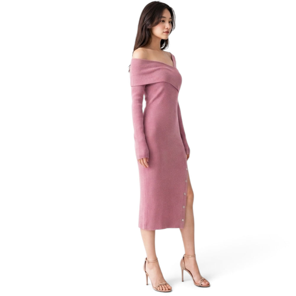 Vestido Asimetrico Manga Larga Broches Rib Grueso Col-26 Color Palo ...
