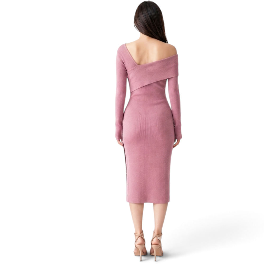 Vestido Asimetrico Manga Larga Broches Rib Grueso Col-26 Color Palo ...