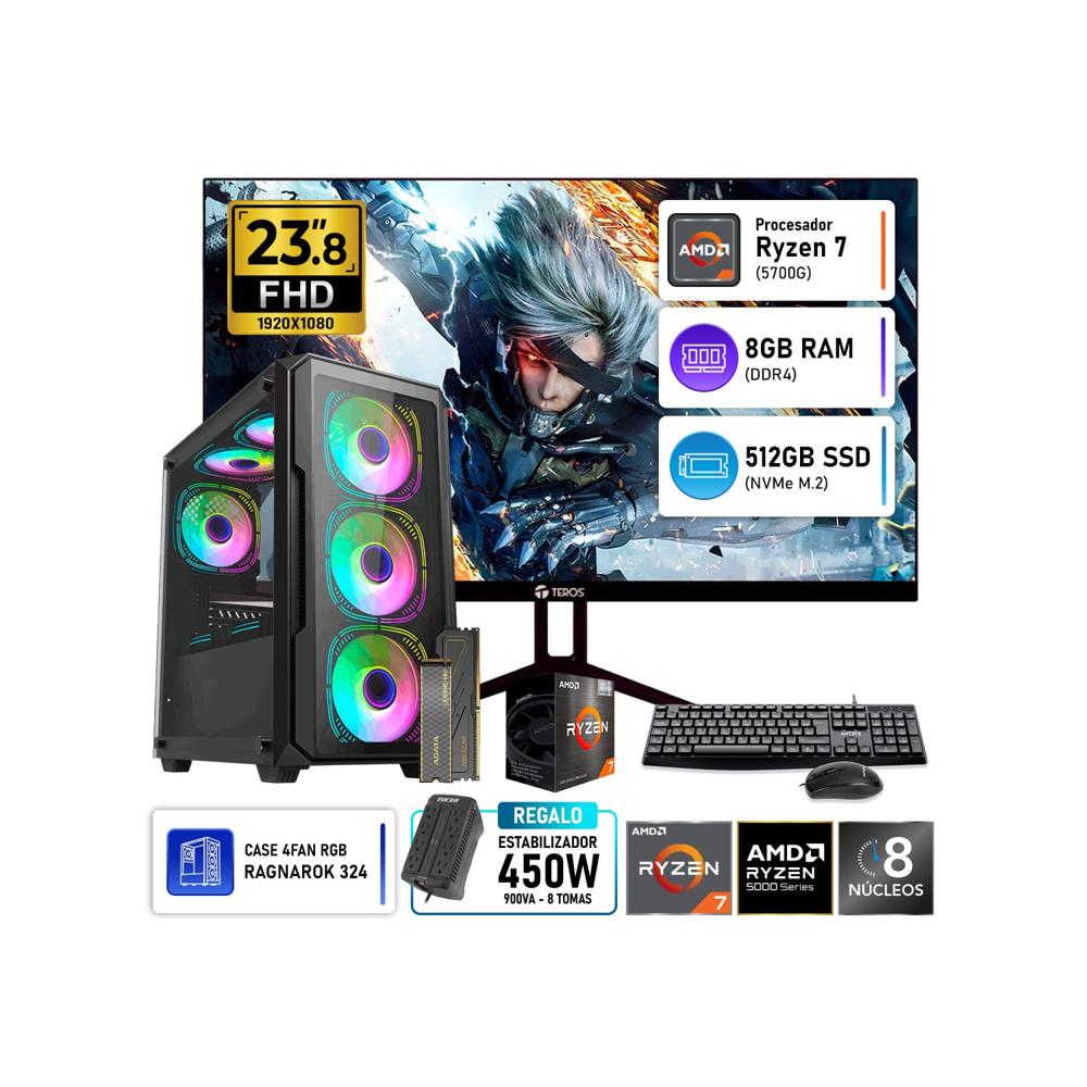 Computadora PC Gamer AMD Ryzen 7 5700G 8GB RAM 512GB SSD Monitor Teros 23.8 120Hz