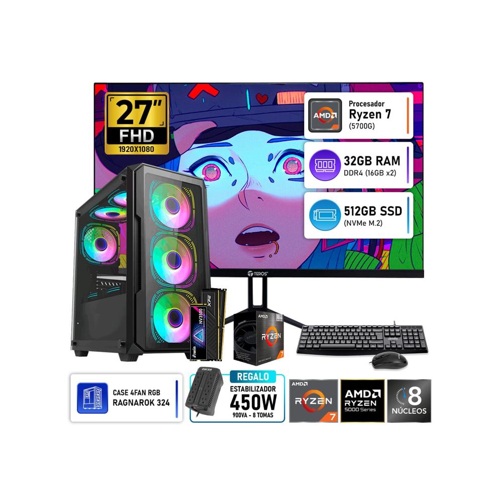 PC Gamer AMD Ryzen 7 5700G 32GB RAM SSD 512GB Monitor Teros 27 Pulgadas 144Hz