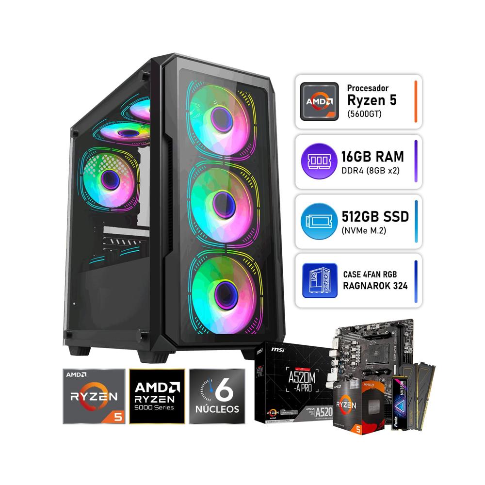 Computadora PC Gamer AMD Ryzen 5 5600GT RAM 16GB SSD 512GB Case RGB