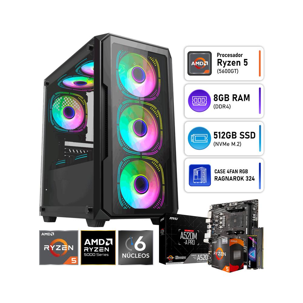 Computadora PC Gamer AMD Ryzen 5 5600GT 8GB RAM SSD 512GB Case RGB
