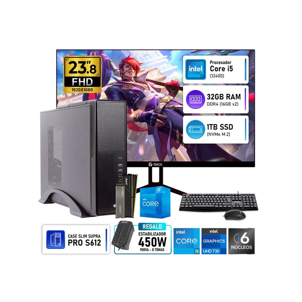 Computadora PC Oficina Intel Core i5 12400 RAM 32GB SSD 1TB Monitor Teros 23.8 Pulgadas 120Hz