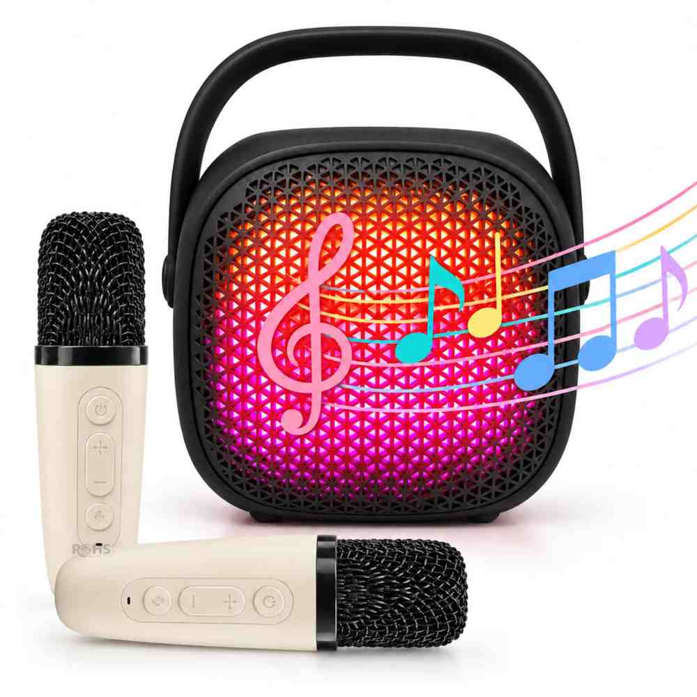 Parlante Karaoke Negro Con 2 Micrófonos Inalámbricos Portátil Para Niños Y Adultos