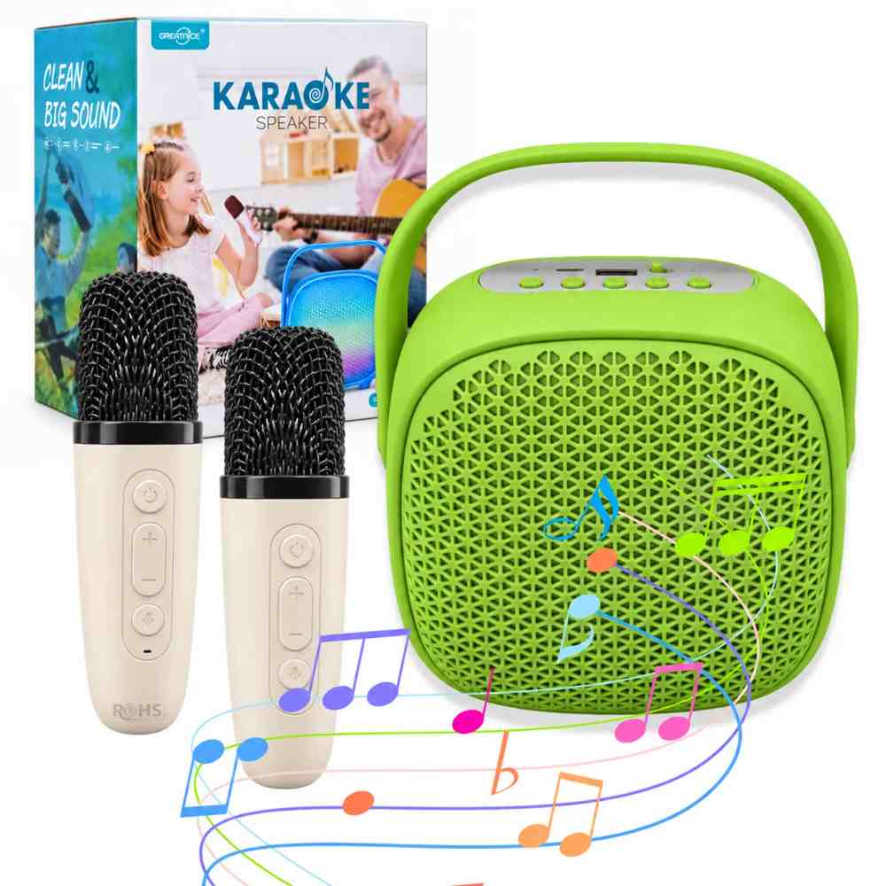 Parlante Karaoke Verde Con 2 Micrófonos Inalámbricos Portátil Para Niños Y Adultos