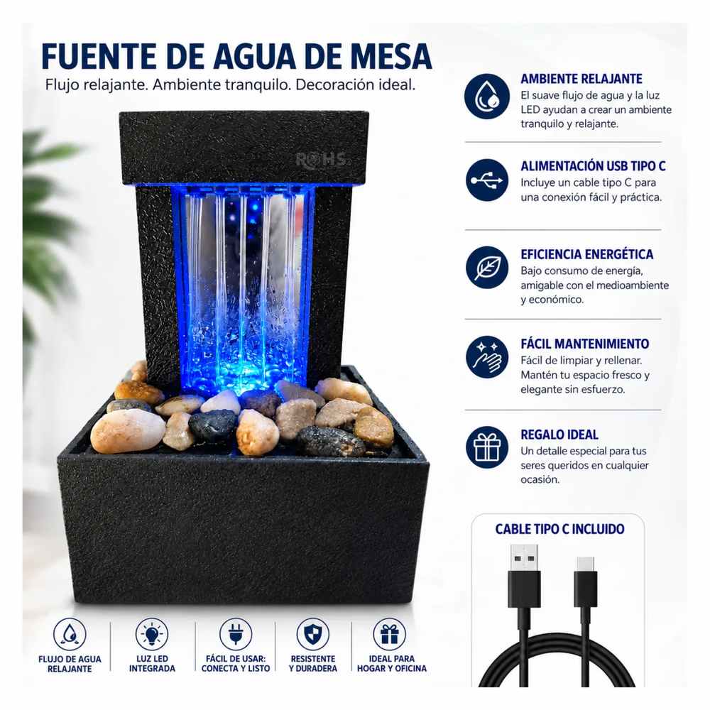 Fuente De Agua Decorativa De Mesa Con Luz LED Y Piedras USB Tipo C ...