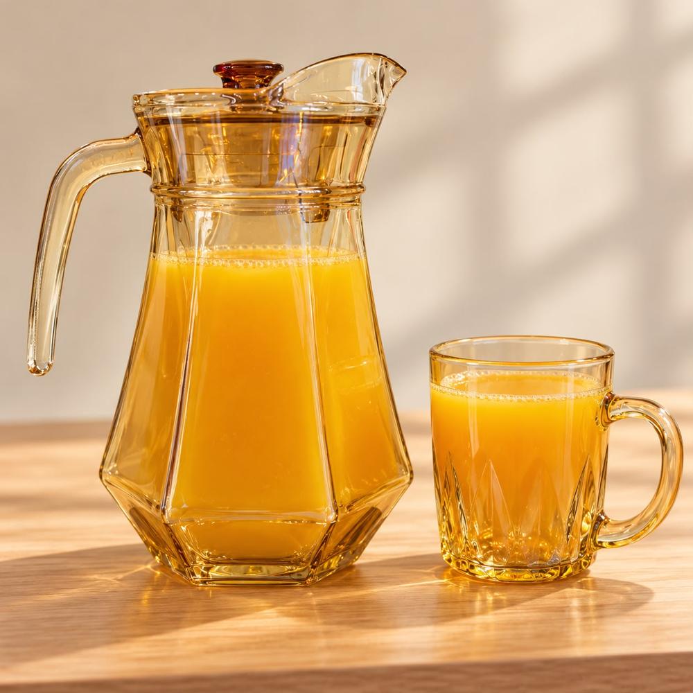 Set de Jarra con Tapa 1200 ml - 6 Tazas de Vidrio Nacarado Ámbar