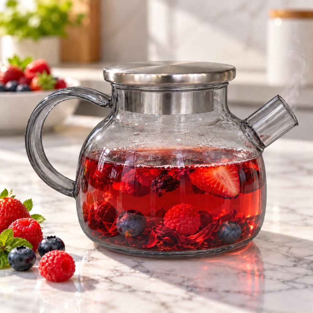 Jarra de Vidrio Borosilicato 1 Litro con Tapa de Acero Inoxidable - Gris Ahumado