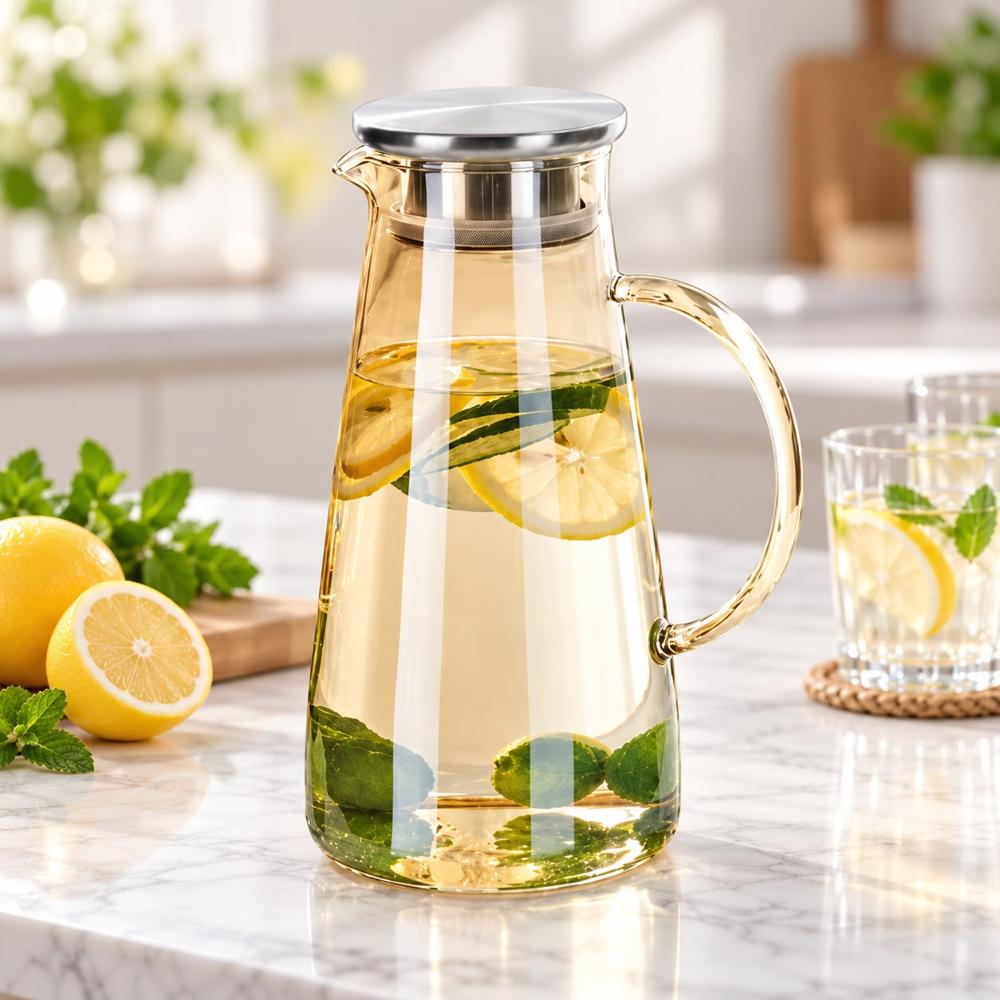 Jarra de Vidrio Borosilicato Ámbar 1600 ml con Tapa y Filtro de Acero Inoxidable