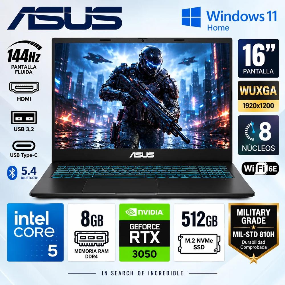 Laptop ASUS Gaming V16 V3607VJ-RP067W Intel Core 5 210H 8GB RAM 512GB SSD RTX 3050 6GB WUXGA