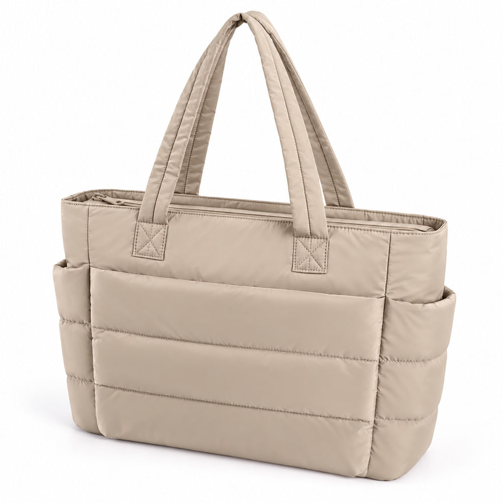 BOLSO TOTE ACOLCHADO PARA MUJER PORTA LAPTOP CON CIERRE CARTERA PUFFER  CAQUI