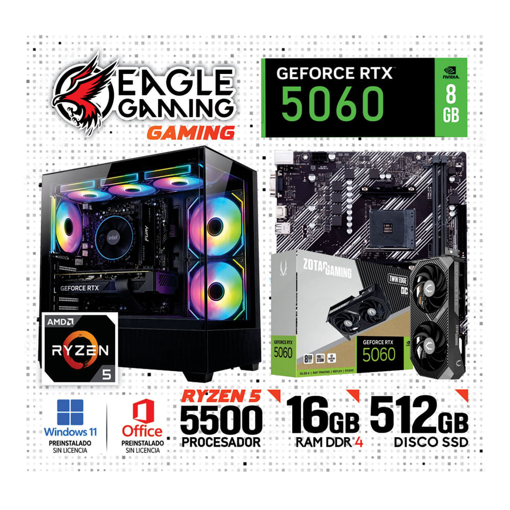 PC GAMER AMD RYZEN 5  5500 16GB DDR4 512GB  SSD NVIDIA GeForce RTX5060 8GB NEGRO