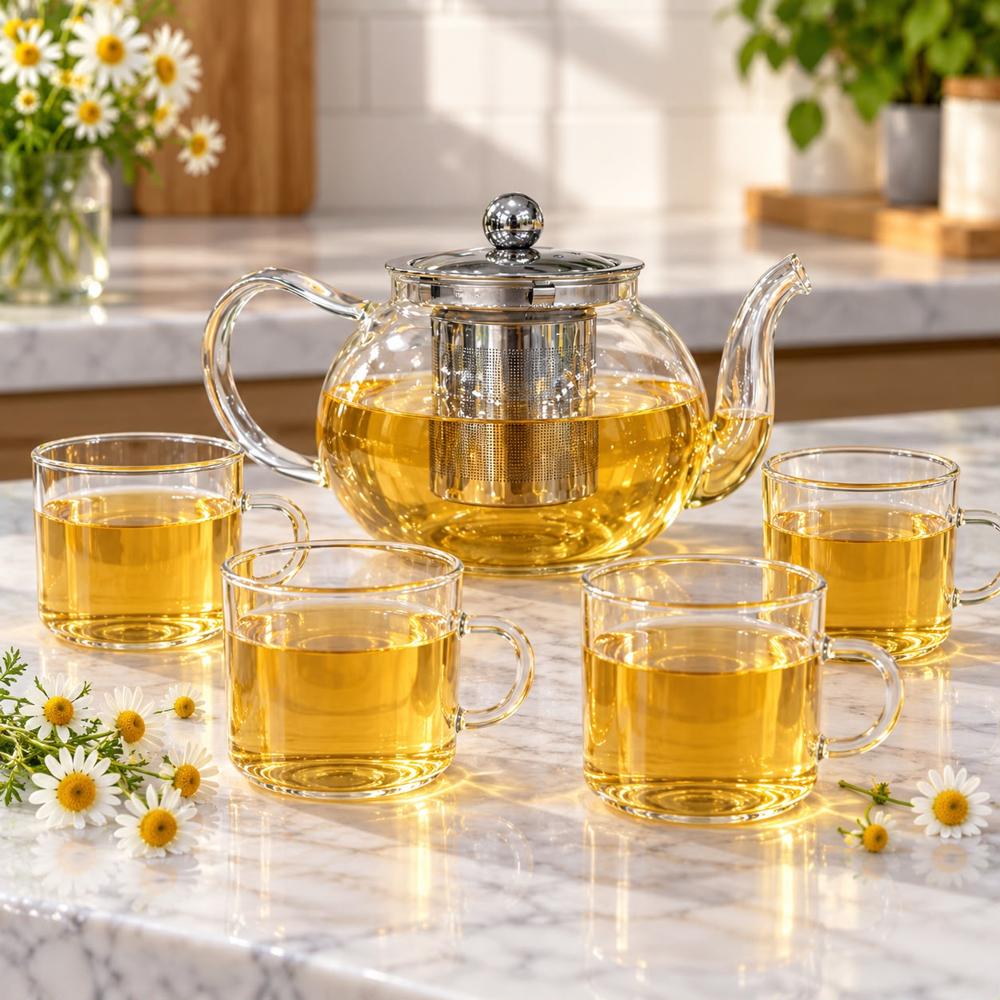 Set de Tetera de Vidrio Borosilicato 500 ml con Filtro y 4 Tazas