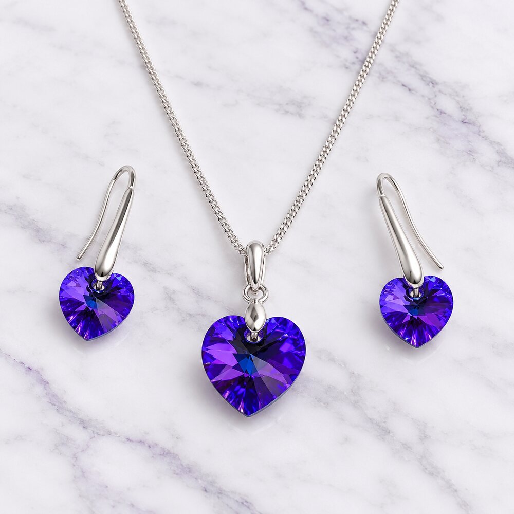 Set Collar con Aretes de Plata 925 y Corazón de Cristal Morado 14mm