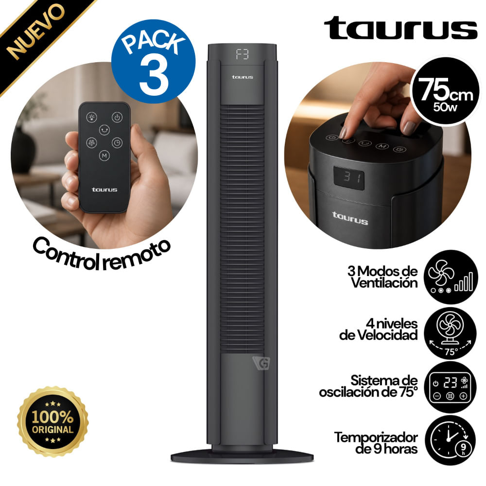 PACK DE 03 Ventilador  de Torre con Control Taurus New Babel Digital 50W