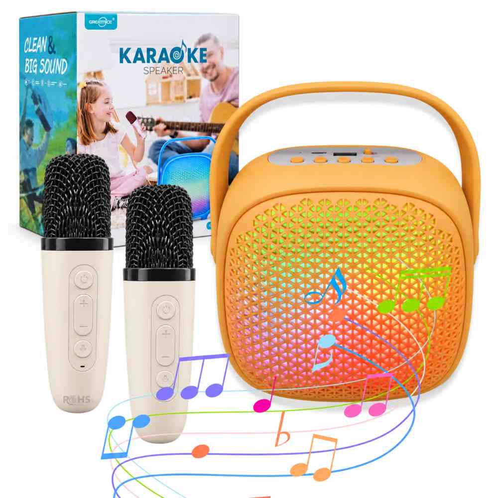 Parlante Karaoke Amarillo con 2 Micrófonos Inalámbricos Portátil para Niños y Adultos