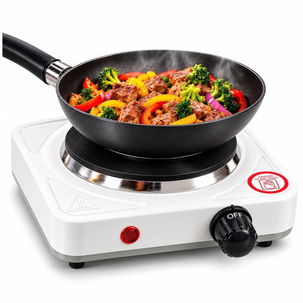 Cocina Eléctrica Blanca Portátil de 1 Hornilla 1000W con Termostato Regulable