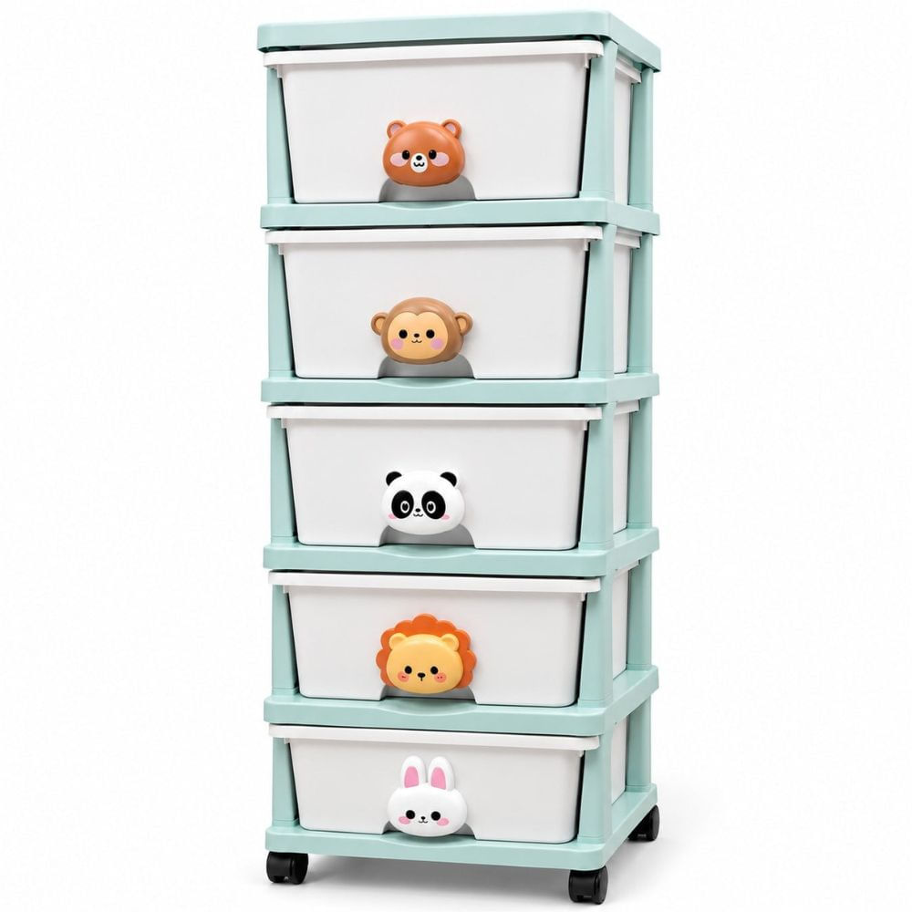 Organizador Infantil de 5 Cajones con Ruedas y Diseño de Animalitos 95x34x40cm