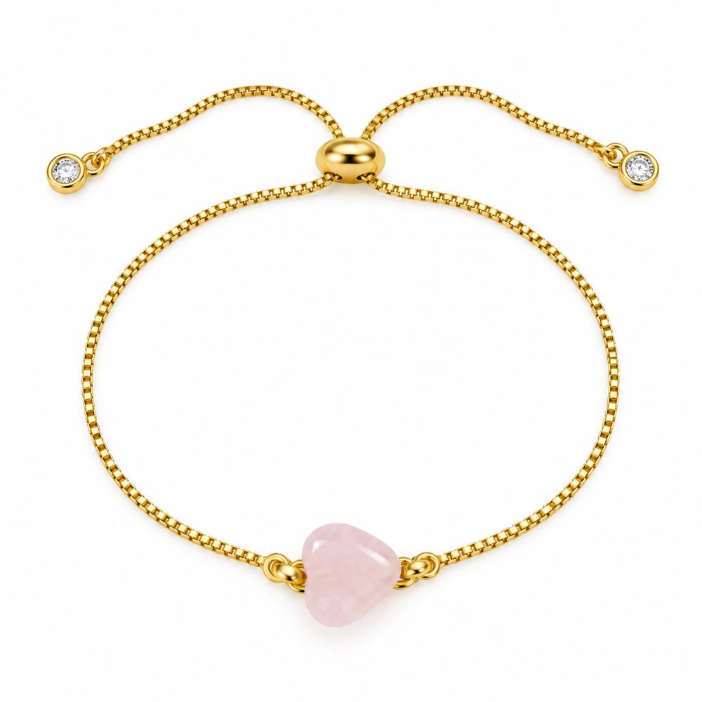 Pulsera Corazón Cuarzo Rosa de acero enchapado en oro de 18k