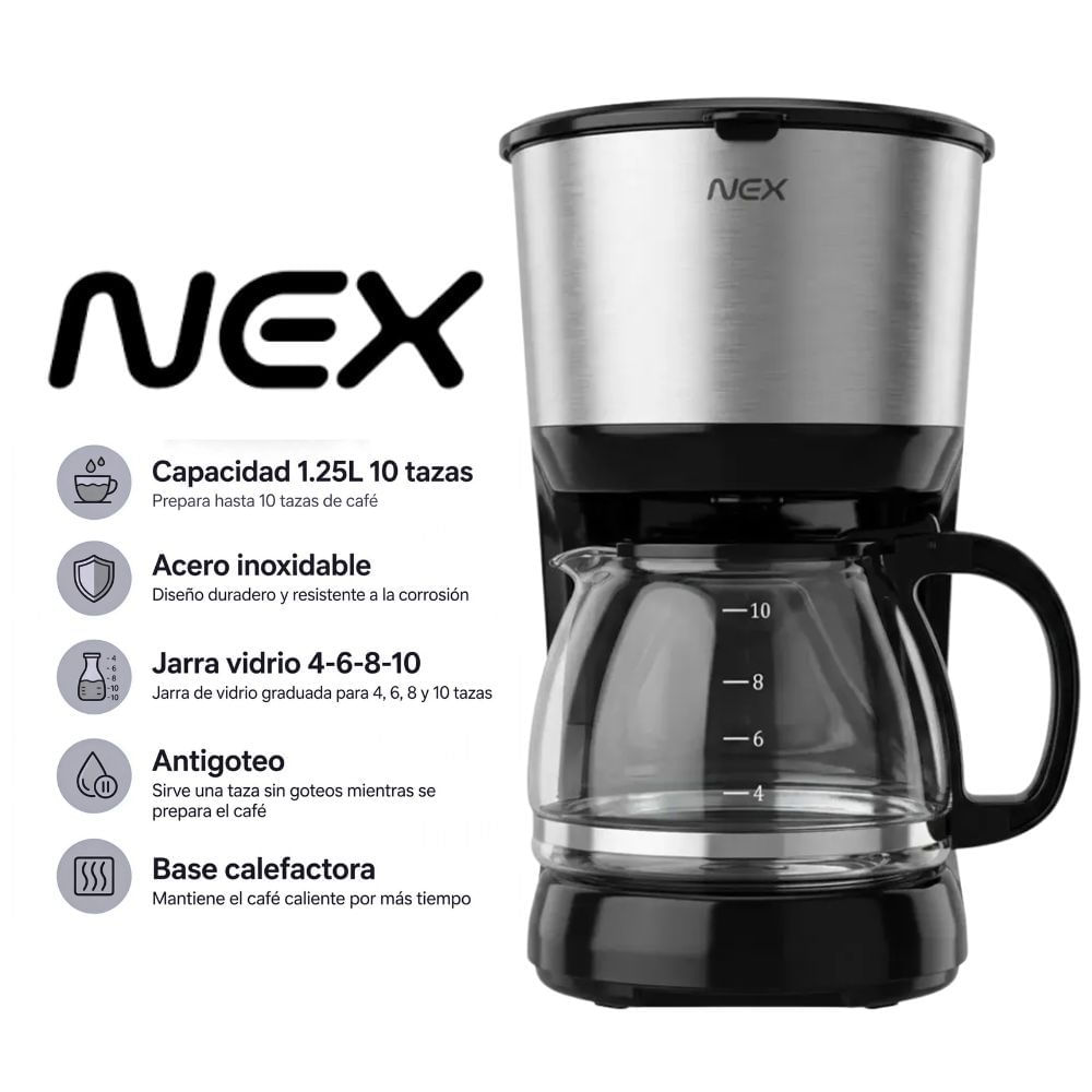 CAFETERA POR GOTEO NEX 1.25LT COLOR PLATEADO MOD CDM7800