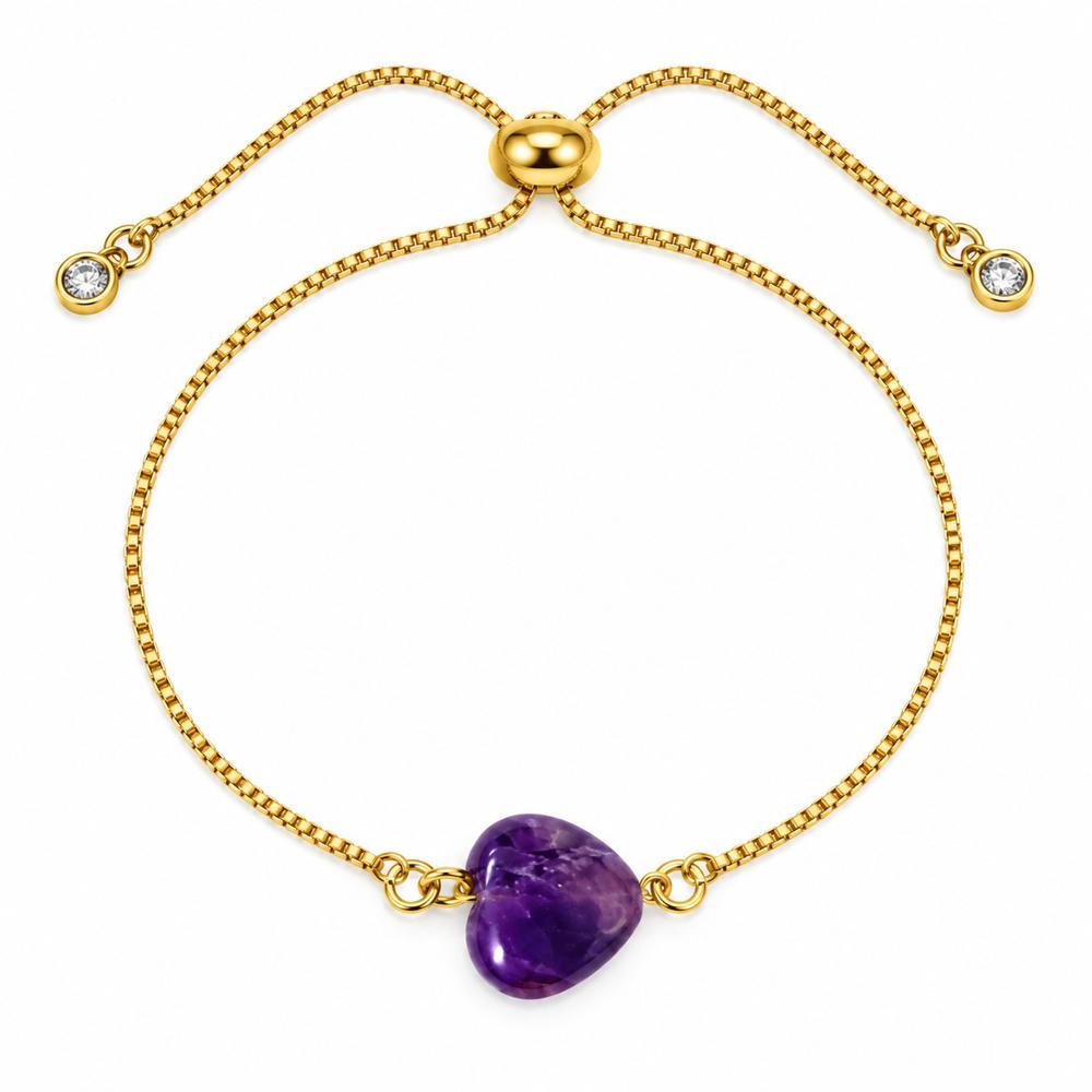 Pulsera Corazón Amatista de acero enchapado en oro de 18k