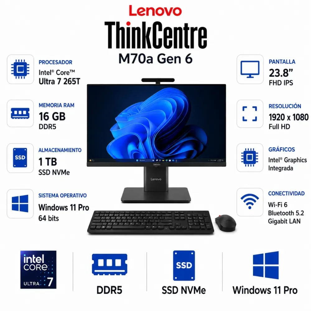 All in One Lenovo ThinkCentre M70a Gen 6 Intel Core ultra 7 265T 16GB RAM 1TB SSD 23.8 FHD W11 PRO