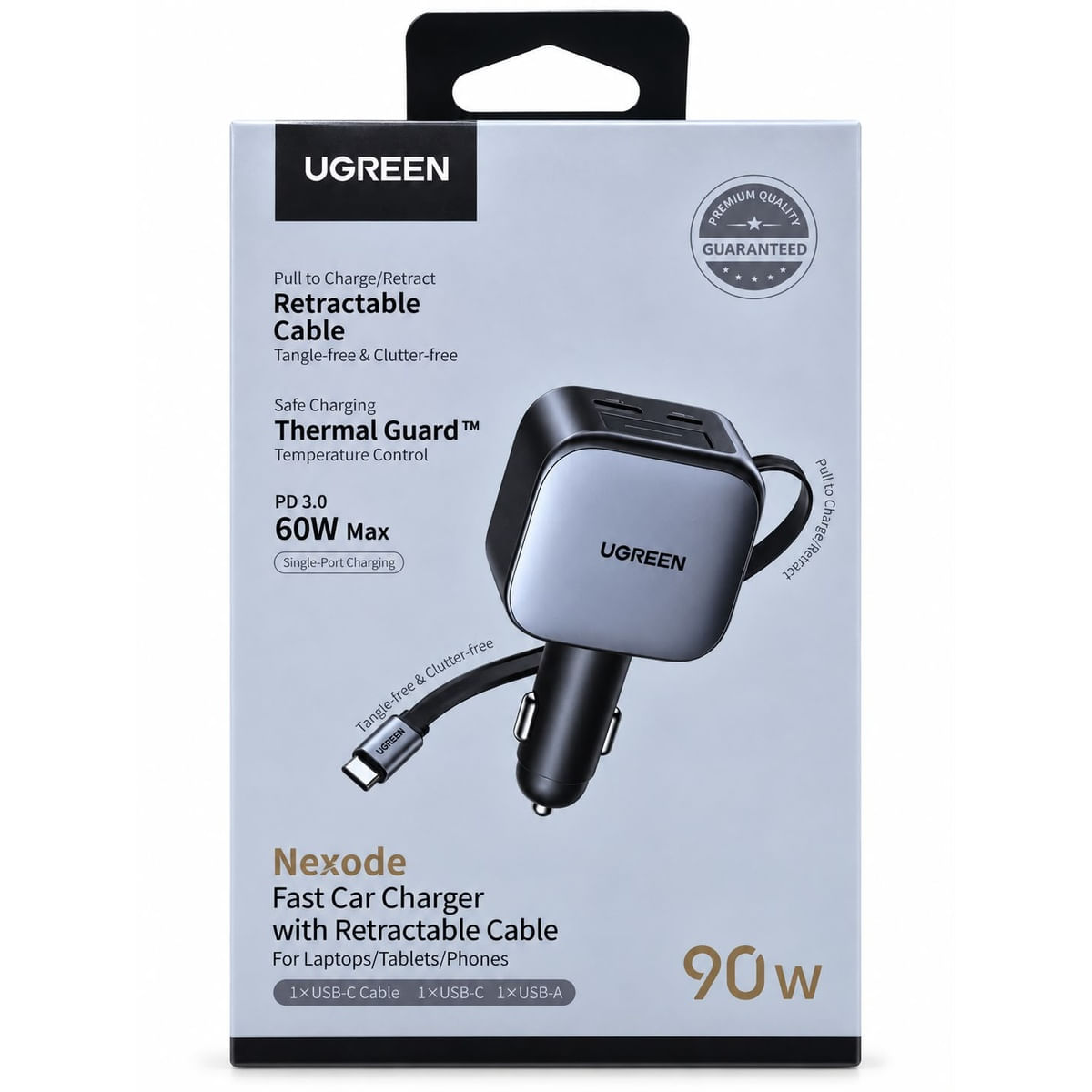 Cargador de Auto Ugreen con Cable Retractable de 90w