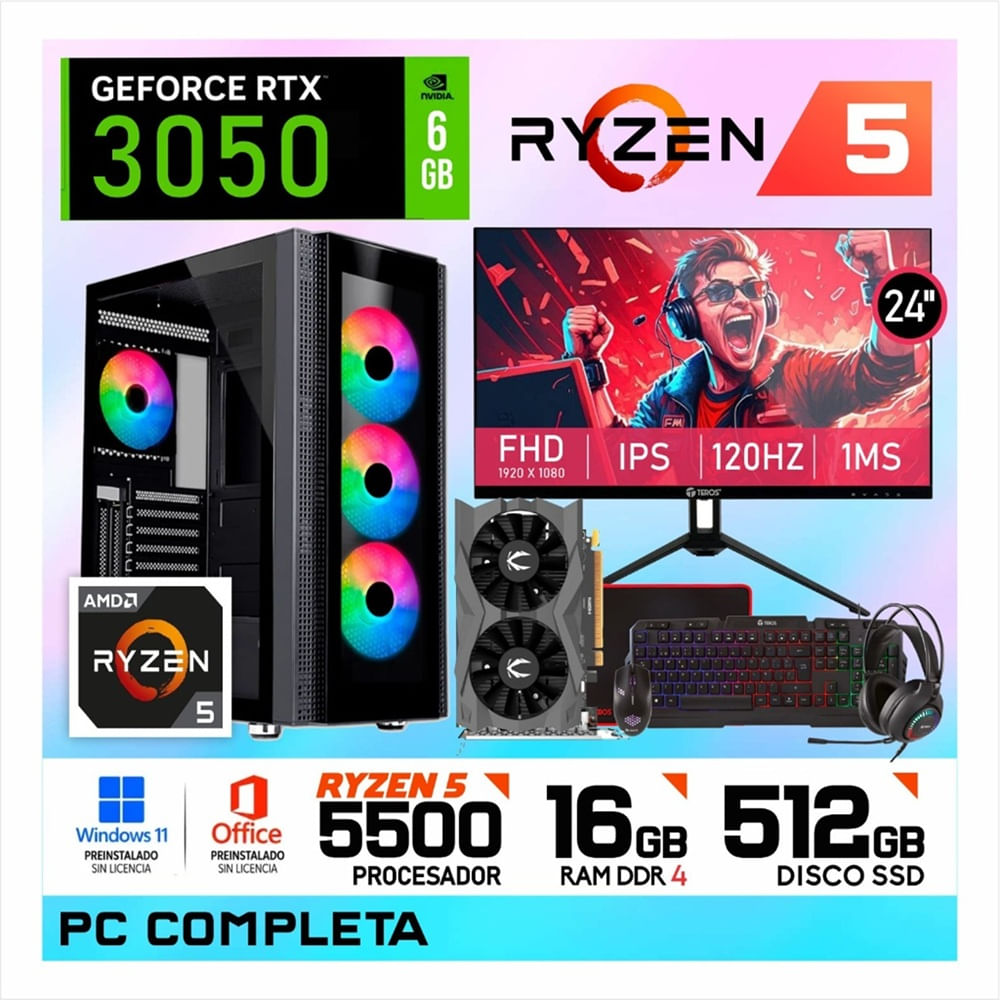 PC GAMER Ryzen 5 5500 16GB DDR4 500 SSD NVIDIA GeForce RTX3050 6GB